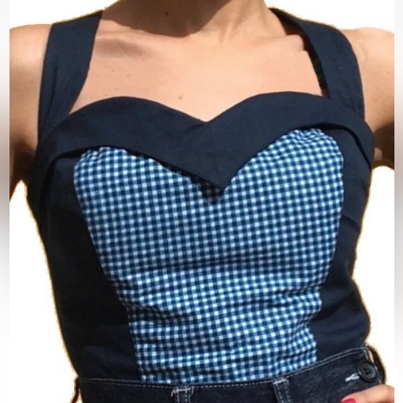 $150 Italian Bustier Small Blue Cup A / B Handcrafted Halter Top Gingham 1950s - Picture 4 of 12